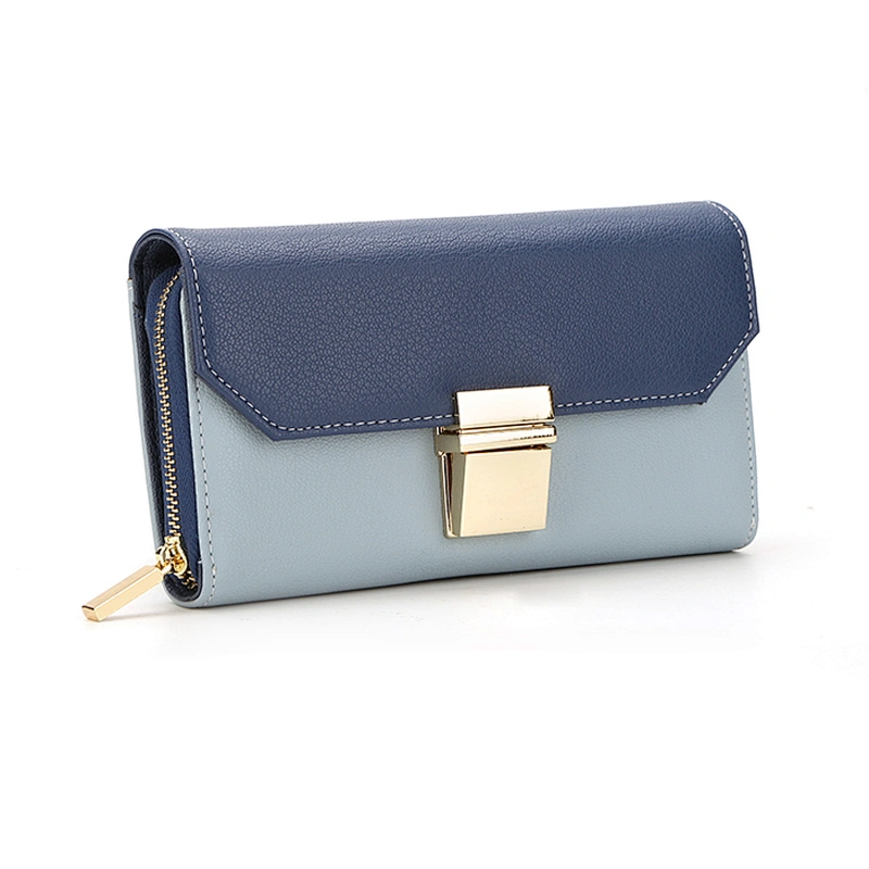 Original 100% genuine leather design wallets NO. 7918 metal lock flap closure fashion contrast color lady leather wallet 2018