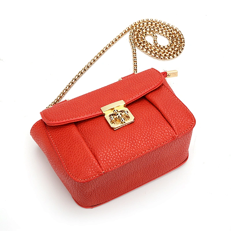 7090 High quality Orange PU leather with metal chain shoulder bag design