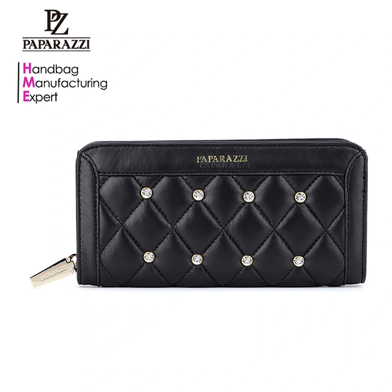 5855-Ladies fashion hot sale color black quilted wallets with rhinestone guangzhou factory