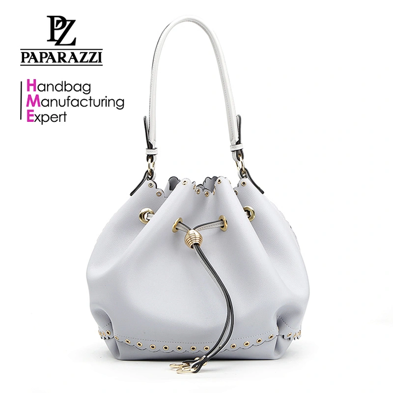 8803 Paparazzi white color fake leather drawstring bag with eyelet latest simple elegant ladies shoulder bags