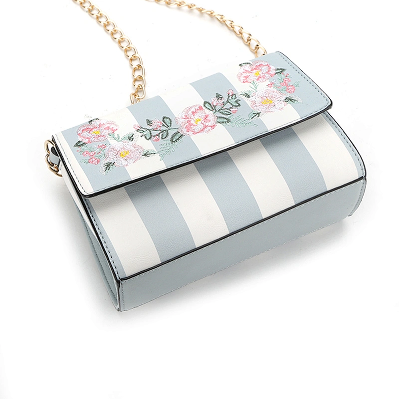 #8678 Fancy design PU leather stripe printing embroidery flower foldable hanging brand cross shoulder bag