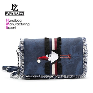 8541 2018 fringes design with cute embroidery and stripe webbing unique denim cross body shoulder bag