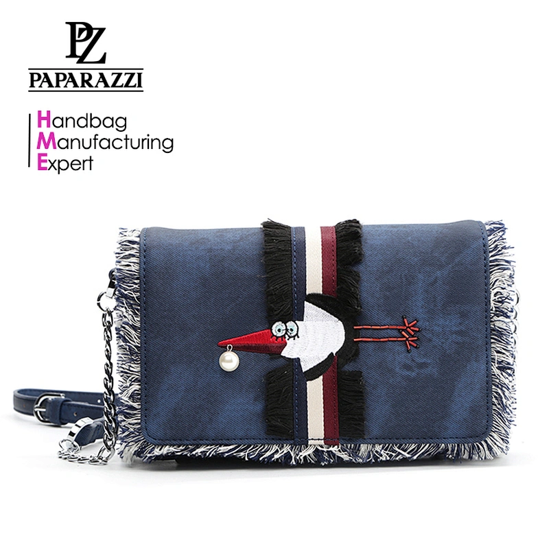8541 2018 fringes design with cute embroidery and stripe webbing unique denim cross body shoulder bag