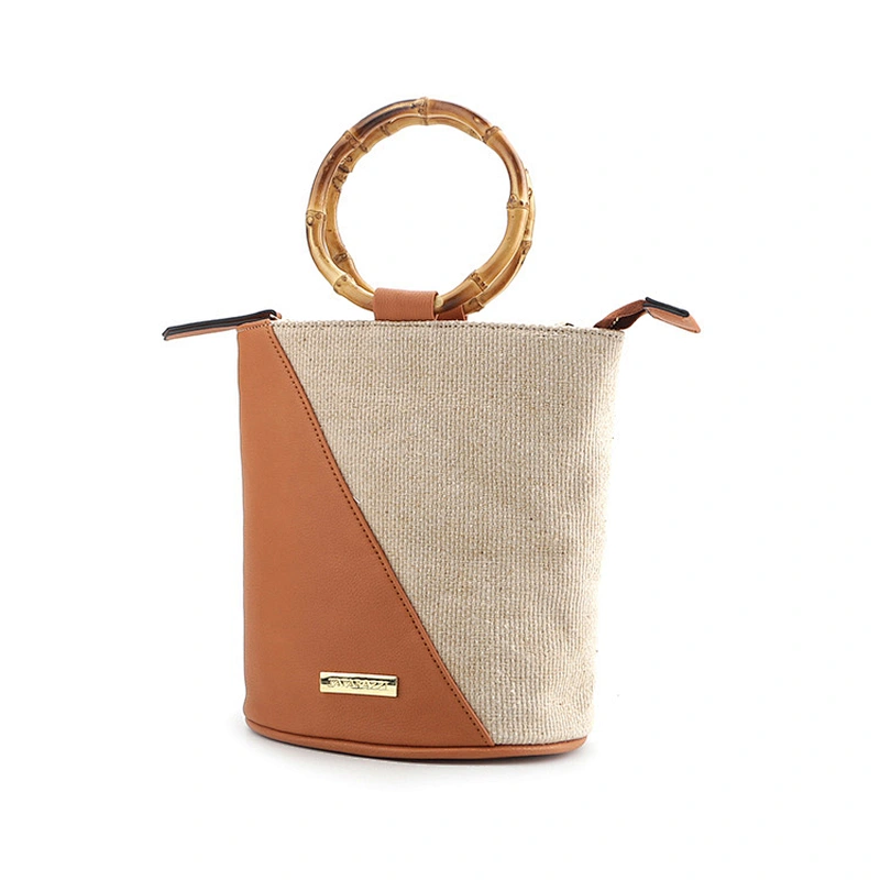 #10679 2020SS latest develop wholesale bamboo top handle linen PU original leather handbags for women
