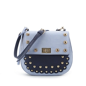 8868 Latest design synthetic leather blue lady fold-over crossbody bag Guangzhou factory studs decorative branded saddle bags