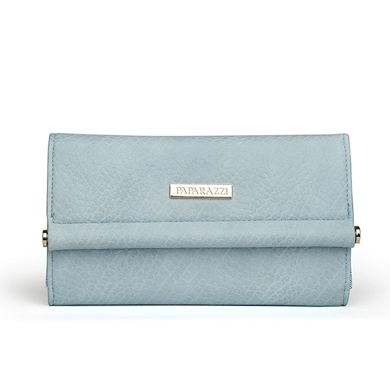 5032-Ladies fashion light blue metal plate flap PU wallets