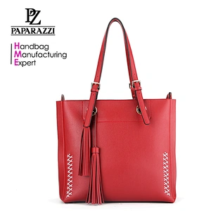 BSCI approval manufacturer ladies handbag double side synthetic leather tote bag with tassel in red 8688