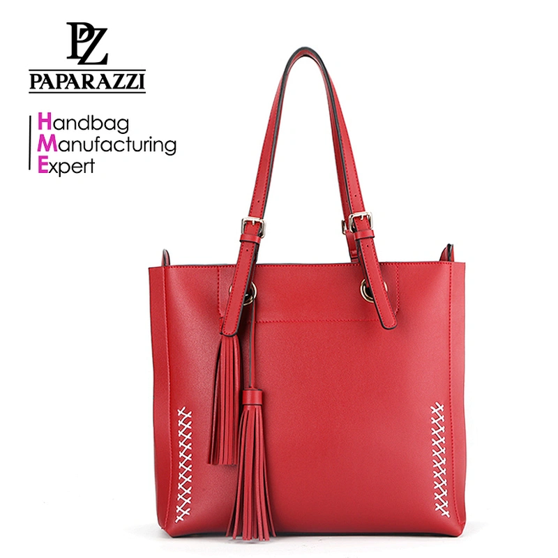 BSCI approval manufacturer ladies handbag double side synthetic leather tote bag with tassel in red 8688