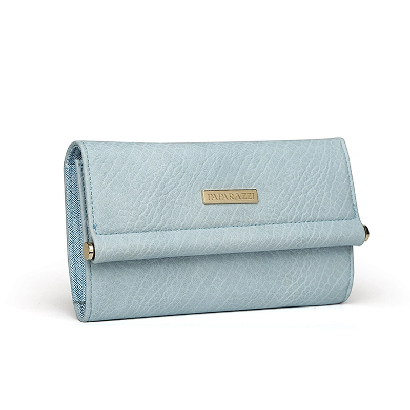 5032-Ladies fashion light blue metal plate flap PU wallets
