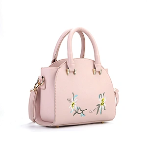 7392 Trendy flower embroidery with blue pink top quality pu leather lady satchel bag design