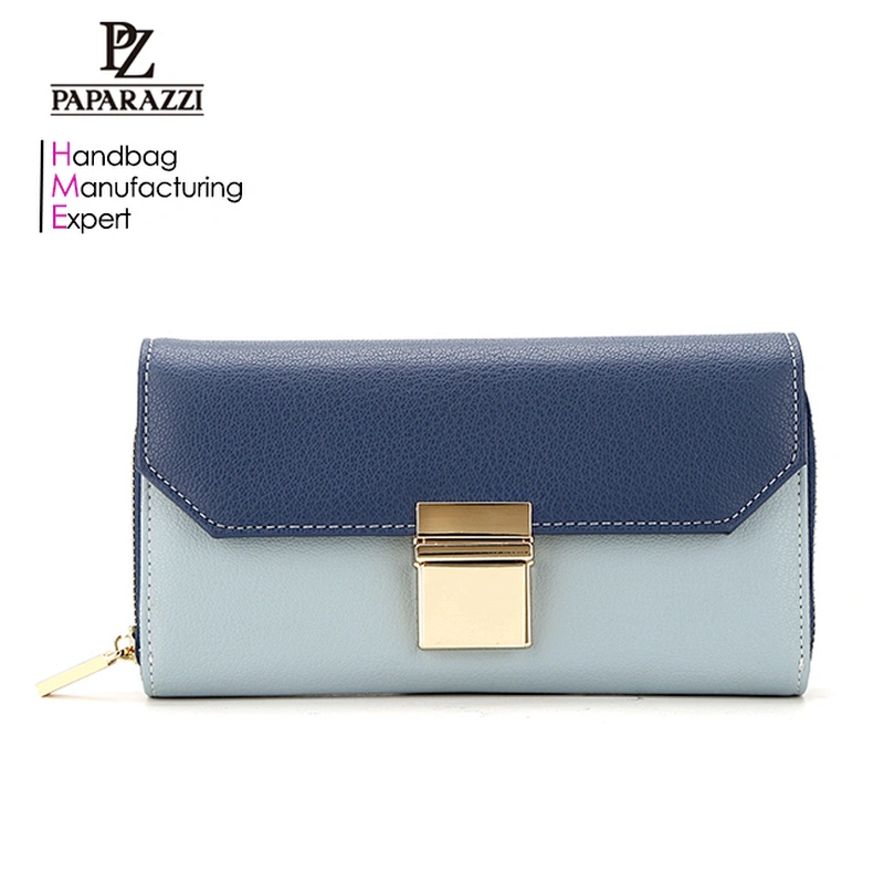 Original 100% genuine leather design wallets NO. 7918 metal lock flap closure fashion contrast color lady leather wallet 2018