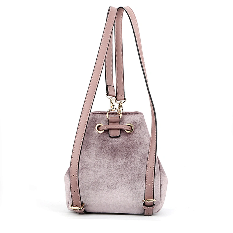 Unique velvet original design NO. 7451 2018 purple color fashion elegance young lady bucket bag best drawstring closure backpack