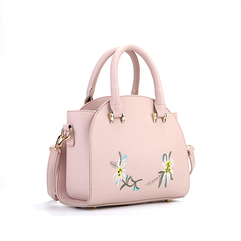7392 Trendy flower embroidery with blue pink top quality pu leather lady satchel bag design