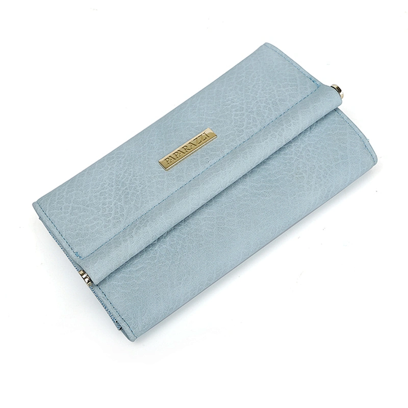 5032-Ladies fashion light blue metal plate flap PU wallets