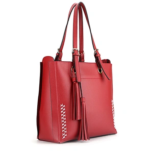BSCI approval manufacturer ladies handbag double side synthetic leather tote bag with tassel in red 8688