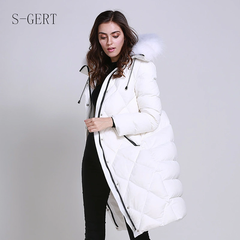 Long Winter Leather Goose Down Jacket Womens Puff Coat Down For Women Turn Down Collar