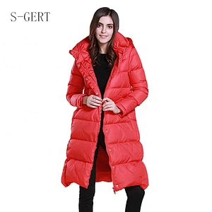 Stocked Red Guangzhou Foshan Manufacturer Duck Down Long Women Jacket With Zipper