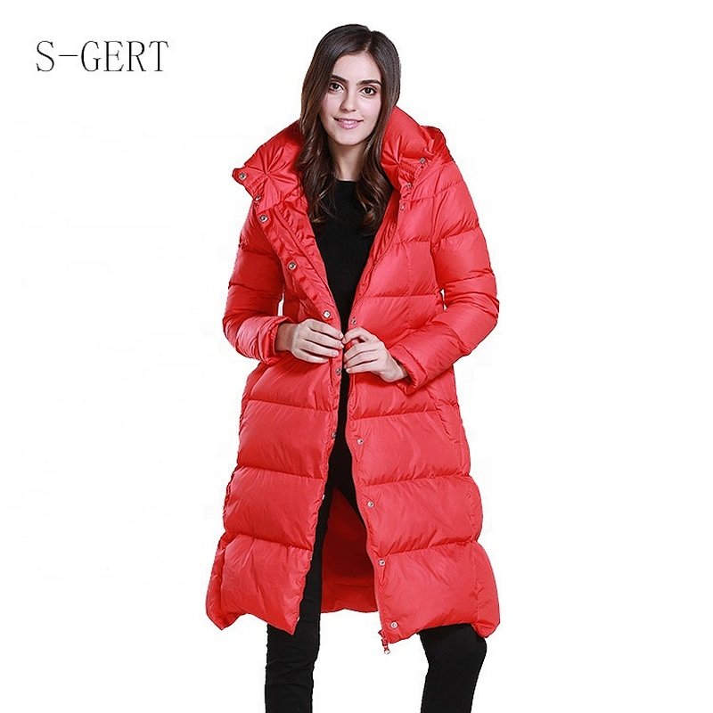 Stocked Red Guangzhou Foshan Manufacturer Duck Down Long Women Jacket With Zipper