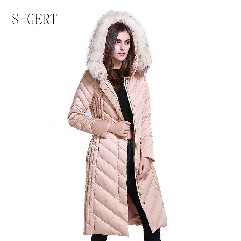 Fashionable Pink Thin Slim Long Ultra Light Women Long Padded Hooded Packable Down Jacket