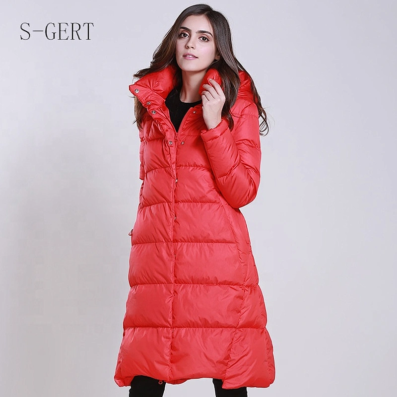 Stocked Red Guangzhou Foshan Manufacturer Duck Down Long Women Jacket With Zipper