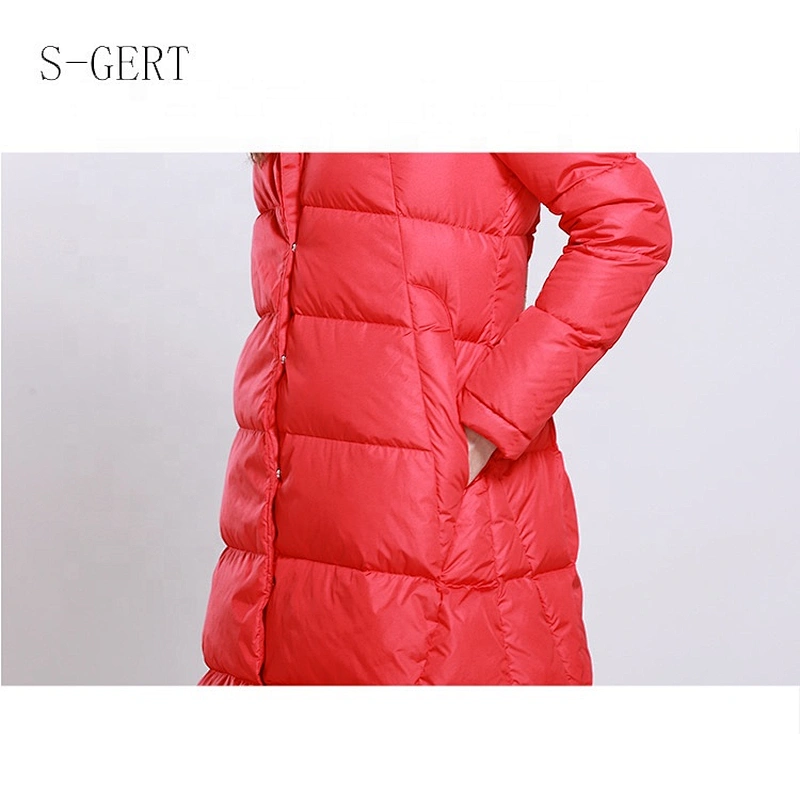 Stocked Red Guangzhou Foshan Manufacturer Duck Down Long Women Jacket With Zipper
