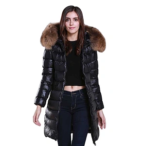 OEM/ODM Black Stylish Waterproof Windproof Fur Hoodie Long Coat Winter Women Down Jacket