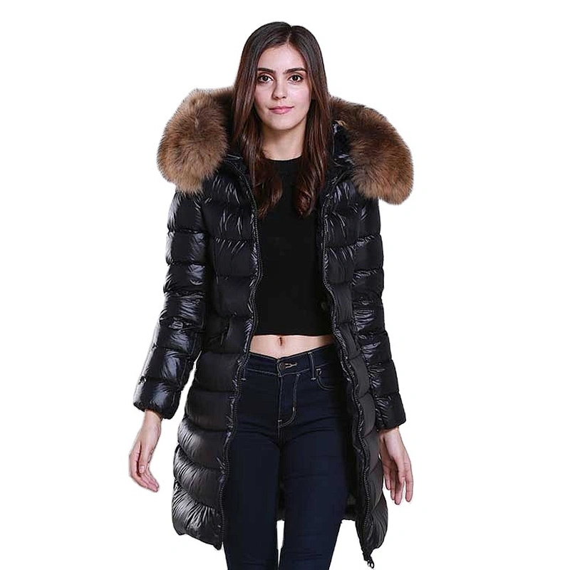 OEM/ODM Black Stylish Waterproof Windproof Fur Hoodie Long Coat Winter Women Down Jacket