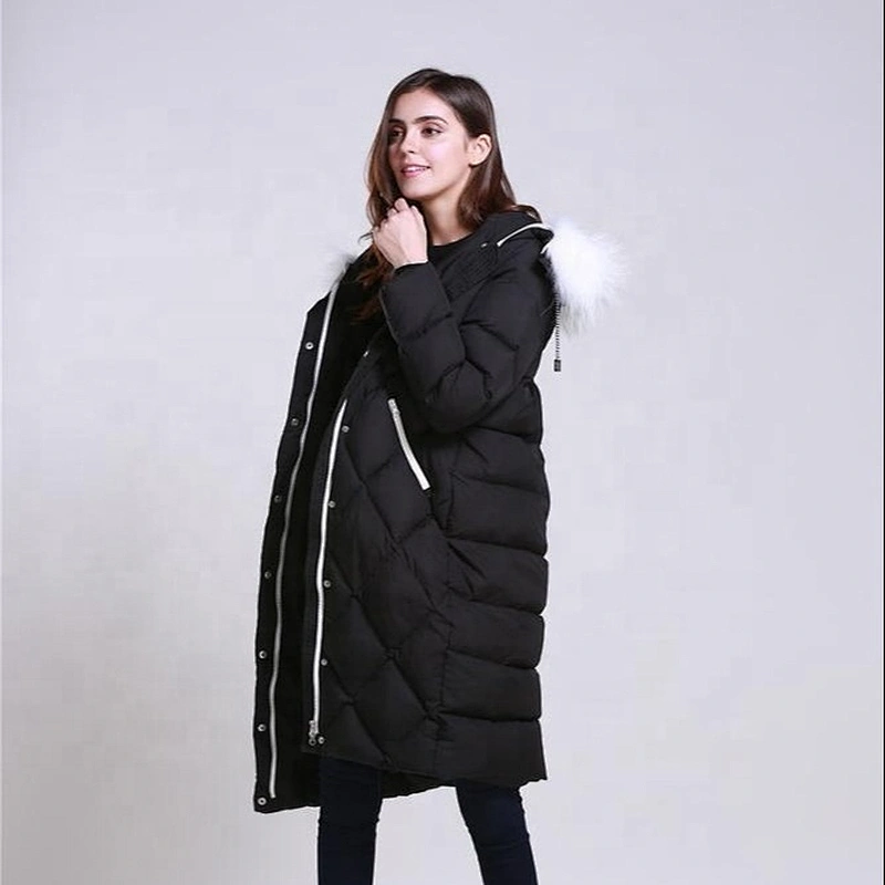 Cool Black Duck Down Filler Women's Long Down Jacket With Hood