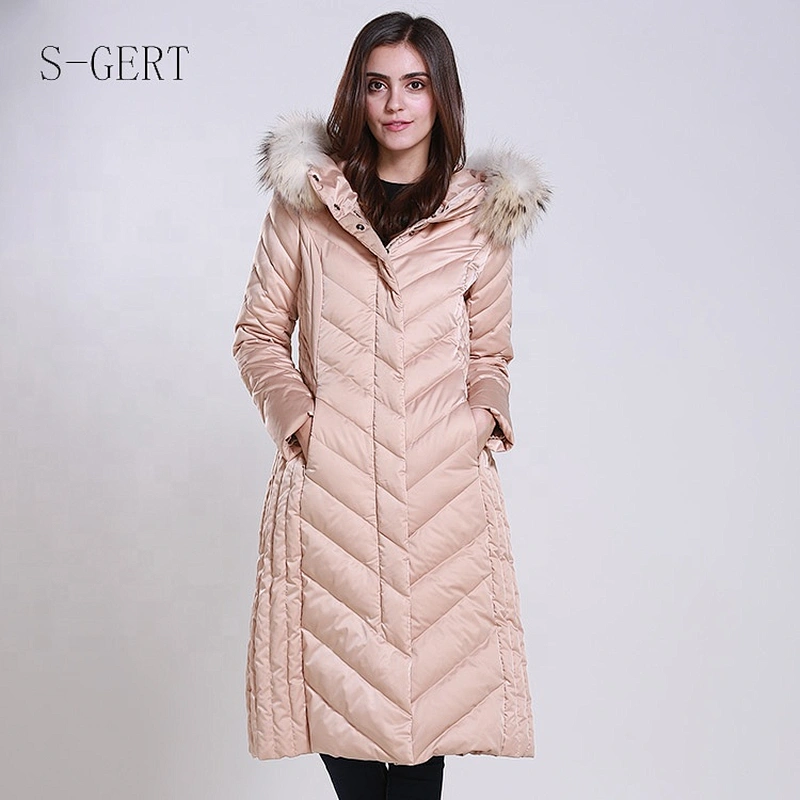 Fashionable Pink Thin Slim Long Ultra Light Women Long Padded Hooded Packable Down Jacket
