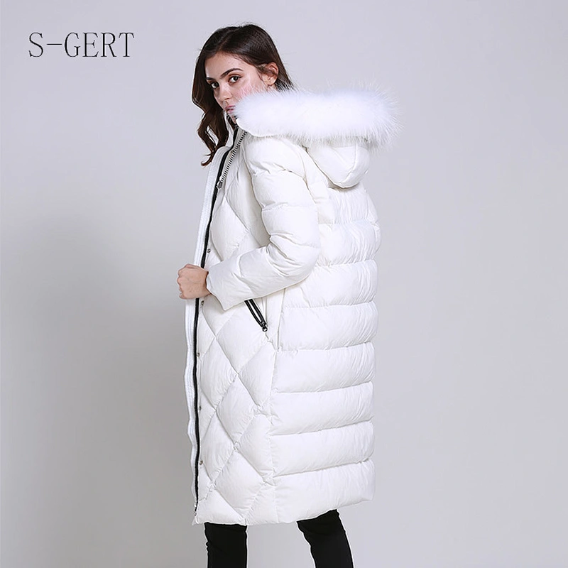 Windproof Custom Winter Leather Goose Women Down Jacket For Fur Hood