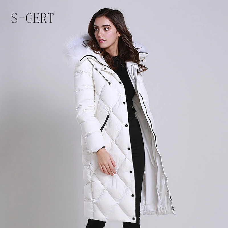 Long Winter Leather Goose Down Jacket Womens Puff Coat Down For Women Turn Down Collar