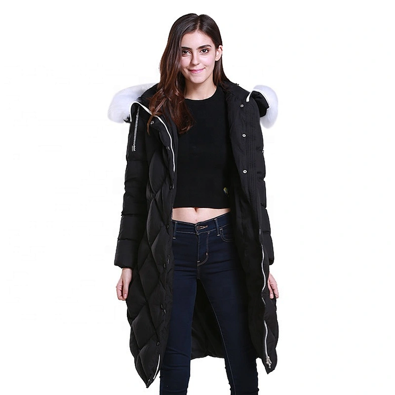 Cool Black Duck Down Filler Women's Long Down Jacket With Hood
