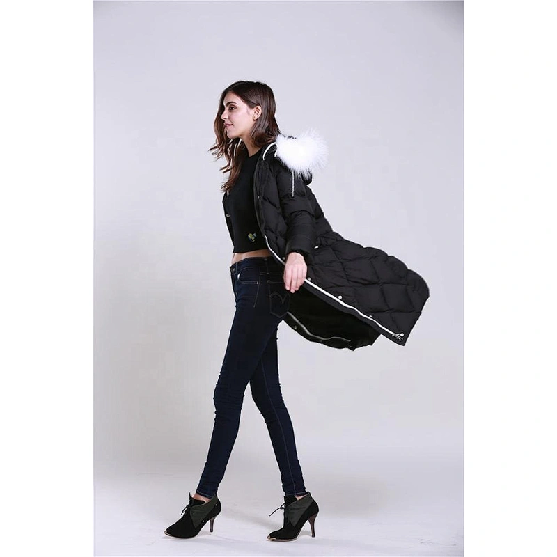 Cool Black Duck Down Filler Women's Long Down Jacket With Hood