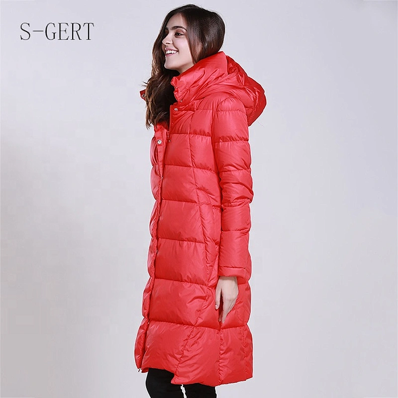 Stocked Red Guangzhou Foshan Manufacturer Duck Down Long Women Jacket With Zipper