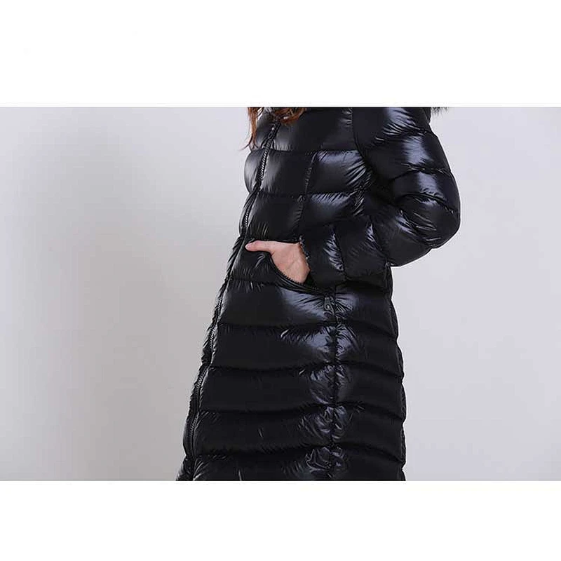 OEM/ODM Black Stylish Waterproof Windproof Fur Hoodie Long Coat Winter Women Down Jacket