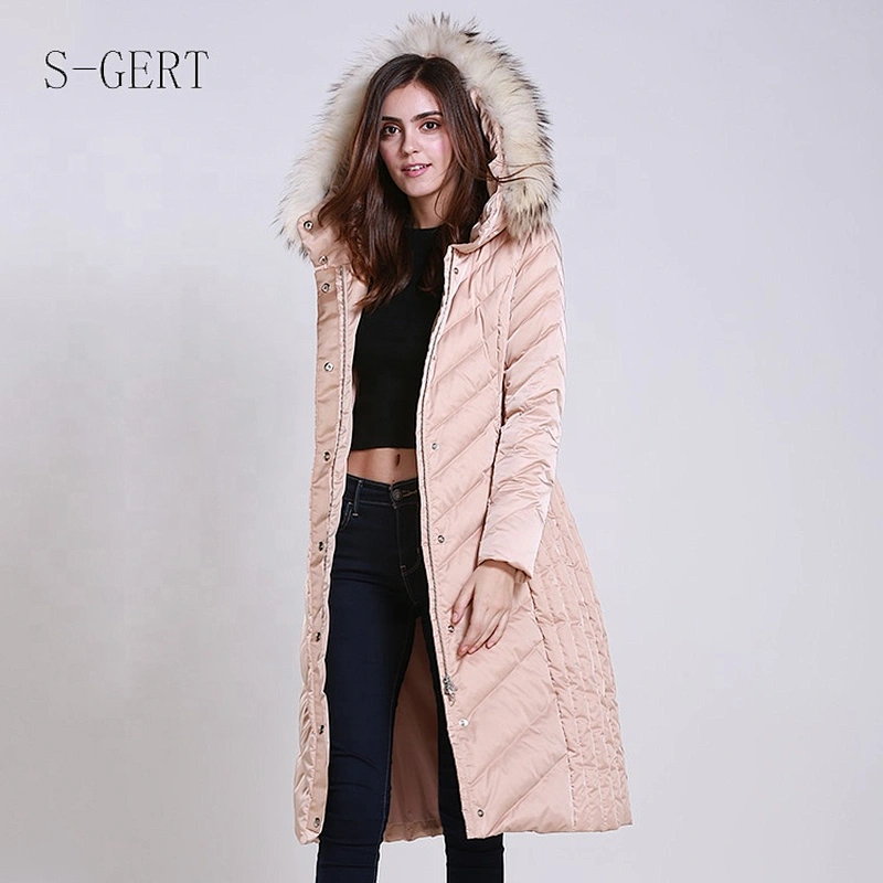 Fashionable Pink Thin Slim Long Ultra Light Women Long Padded Hooded Packable Down Jacket