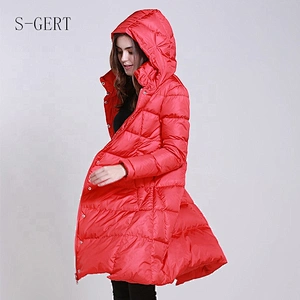 Stocked Red Guangzhou Foshan Manufacturer Duck Down Long Women Jacket With Zipper
