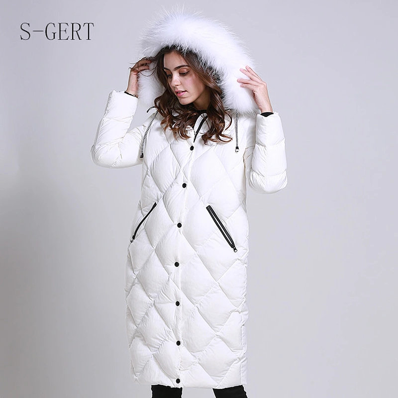 Long Winter Leather Goose Down Jacket Womens Puff Coat Down For Women Turn Down Collar