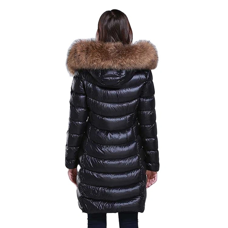 OEM/ODM Black Stylish Waterproof Windproof Fur Hoodie Long Coat Winter Women Down Jacket