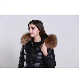 OEM/ODM Black Stylish Waterproof Windproof Fur Hoodie Long Coat Winter Women Down Jacket