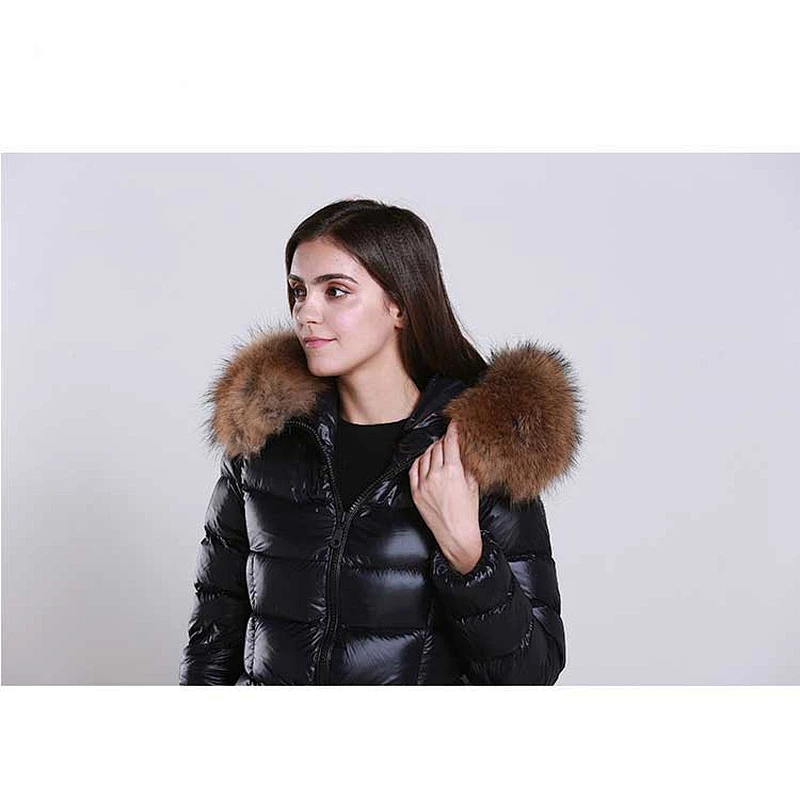 OEM/ODM Black Stylish Waterproof Windproof Fur Hoodie Long Coat Winter Women Down Jacket