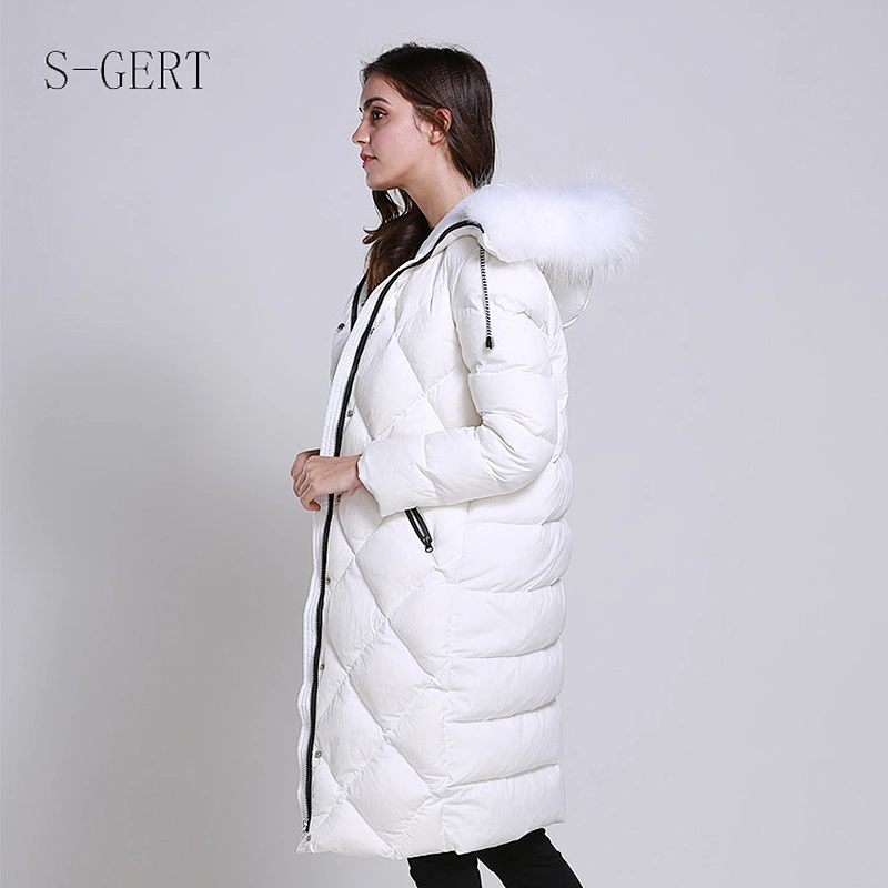 Windproof Custom Winter Leather Goose Women Down Jacket For Fur Hood