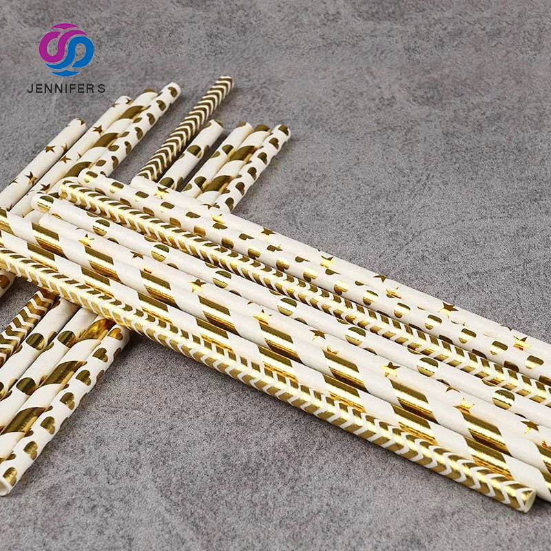 Custom Logo Biodegradable degradable Foil Striped Paper Straws Silver Foiled stripe Gold Foil Striped Paper Straws