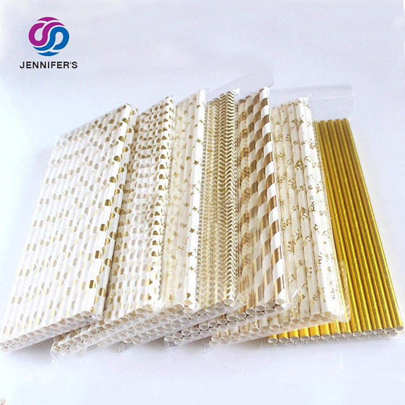 Custom Logo Biodegradable degradable Foil Striped Paper Straws Silver Foiled stripe Gold Foil Striped Paper Straws