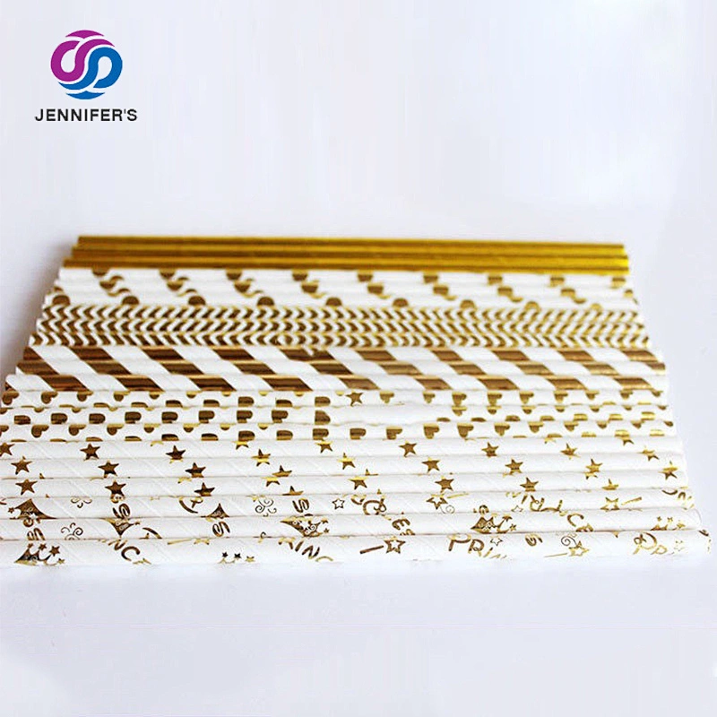Custom Logo High Quality Bronzing Gold Striped Biodegradable Paper reusable straws