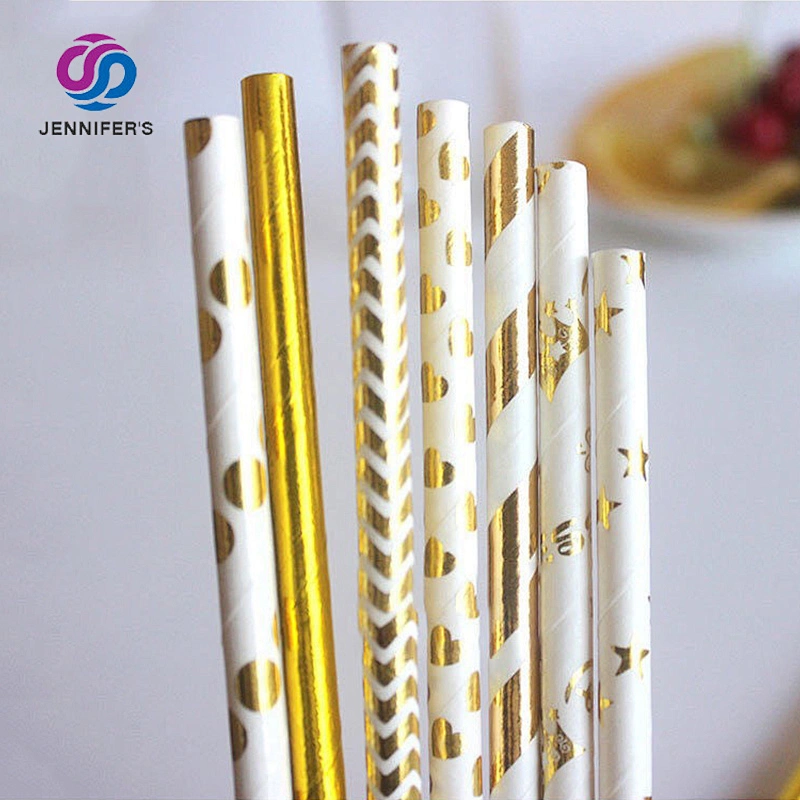 Custom Logo High Quality Bronzing Gold Striped Biodegradable Paper reusable straws