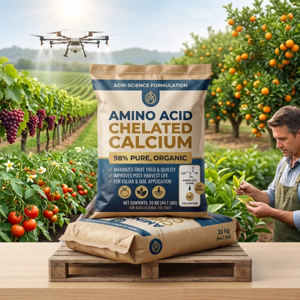 Amino Acid Chelated Calcium powder fertilizer applied via drone spray in vineyard and tomato farm for crop nutrition.