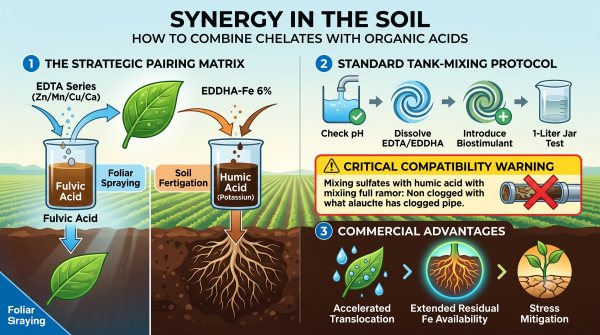 Detailed agricultural infographic based on x-humate article content, visually showing the strategic pairing matrix (EDTA/Fulvic Acid for foliar, EDDHA-Fe/Humic Acid for soil), the four-step tank-mixing protocol, a yellow and red critical compatibility warning against mixing sulfates with humic acid, and key commercial advantages like accelerated translocation and stress mitigation.