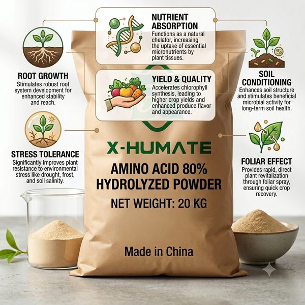 X-HUMATE organic amino acid 80 fertilizer product benefits and functions infographic