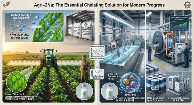 EDTA Disodium Salt (EDTA-2Na) chelating agent used for preventing metal ion precipitation and correcting crop chlorosis in fertigation systems.